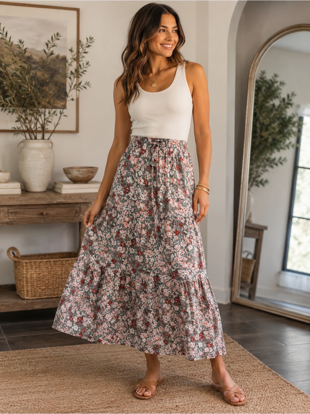 Tiered Floral Maxi Skirt in Olive with Pink & Red Blooms